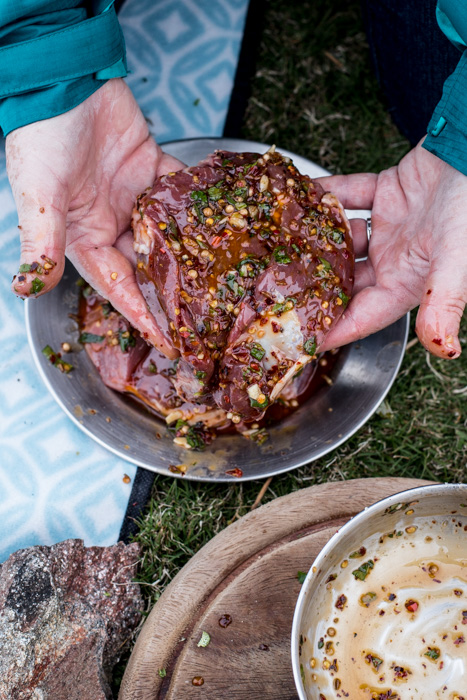 BBQ Lamb Leg Steaks with Harissa and Mint. Photography by the Hedgecombers.