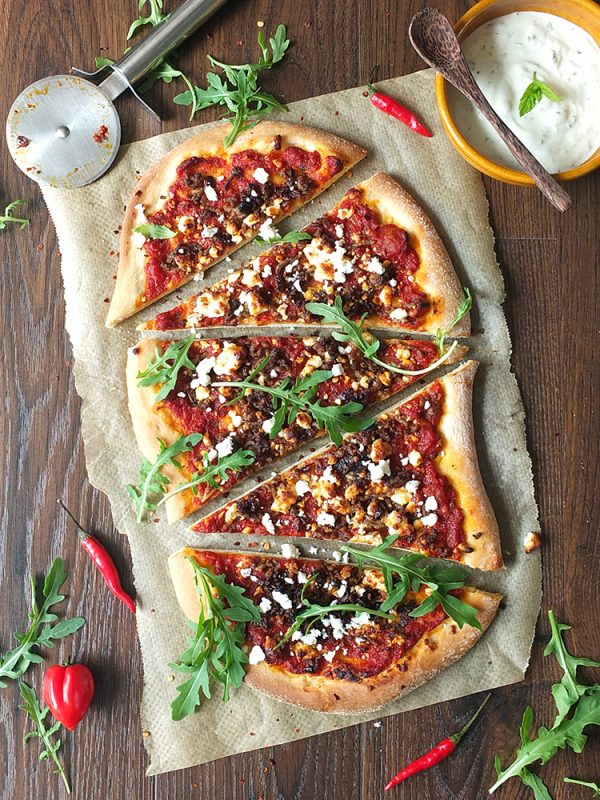 Spicy Lamb Pizza with Feta, Rocket & Yogurt Drizzle Elizabeth's