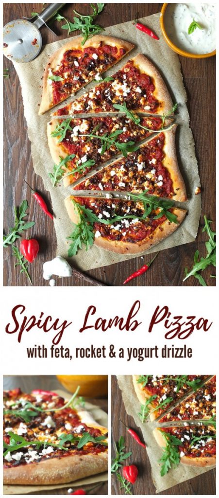 Spicy Lamb Pizza with feta, rocket and a yogurt drizzle