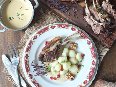 Slow-Roasted Frenched Rack of Lamb Loin Chops with Creamy Mustard Sauce