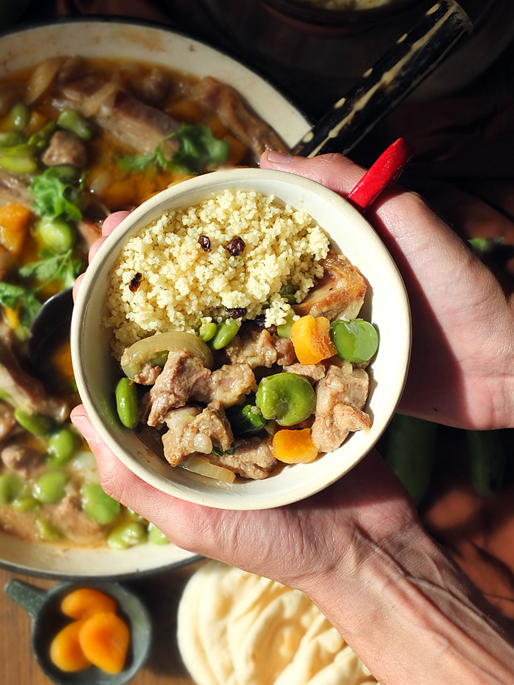 Slow Cooked Lamb Casserole with Broad Beans and Apricots