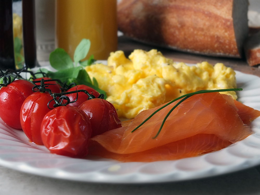 Sunday Morning Scrambled Eggs with Smoked Scottish Salmon and Roasted Tomatoes