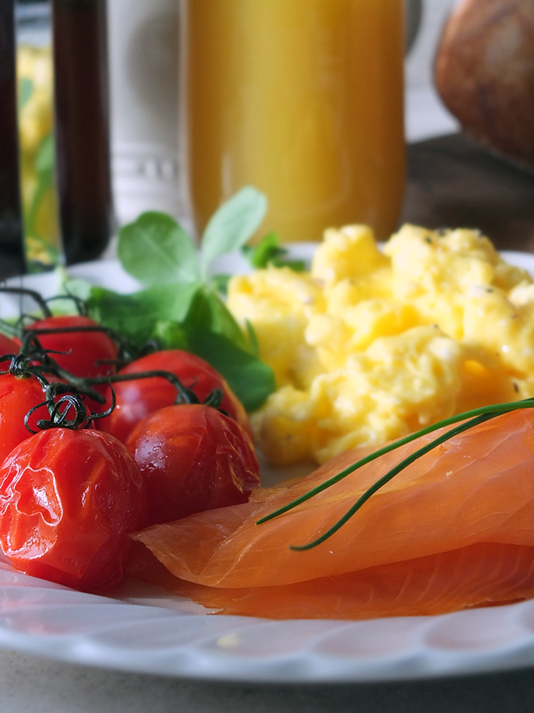 Sunday Morning Scrambled Eggs with Smoked Scottish Salmon and Roasted Tomatoes