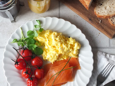 Sunday Morning Scrambled Eggs with Smoked Scottish Salmon and Roasted Tomatoes