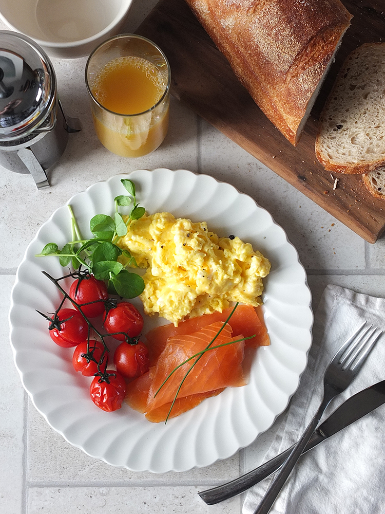 Sunday Morning Scrambled Eggs with Smoked Scottish Salmon and Roasted Tomatoes