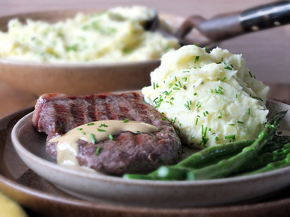 Cream Cheese and Chive Mashed Potatoes with Steak