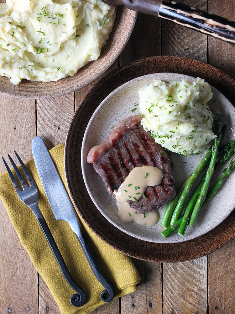 Cream Cheese and Chive Mashed Potatoes with Steak