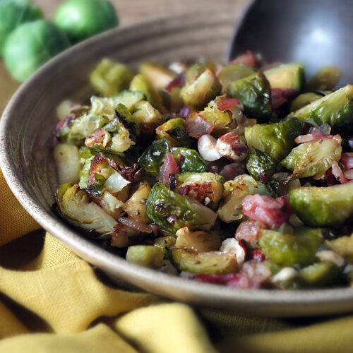 Maple Roasted Brussels Sprouts with Smoked Bacon & Hazelnuts