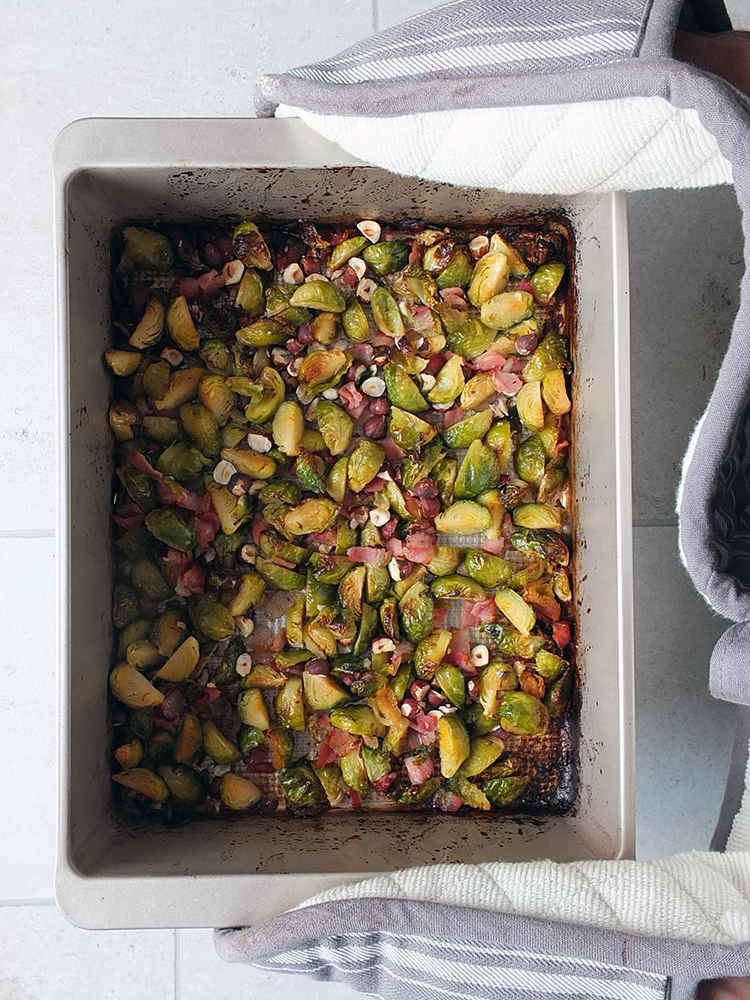 Maple Roasted Brussels Sprouts with Bacon and Hazelnuts