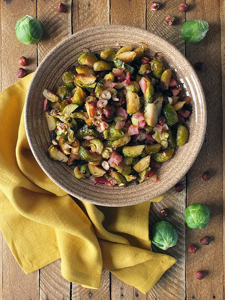 Maple Roasted Brussels Sprouts with Bacon and Hazelnuts