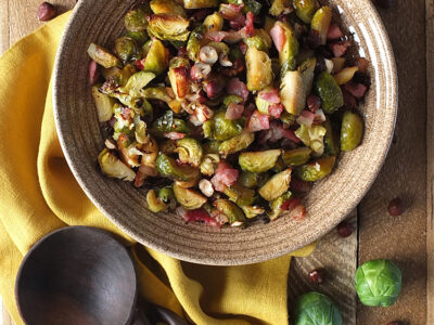 Maple Roasted Brussels Sprouts with Bacon and Hazelnuts