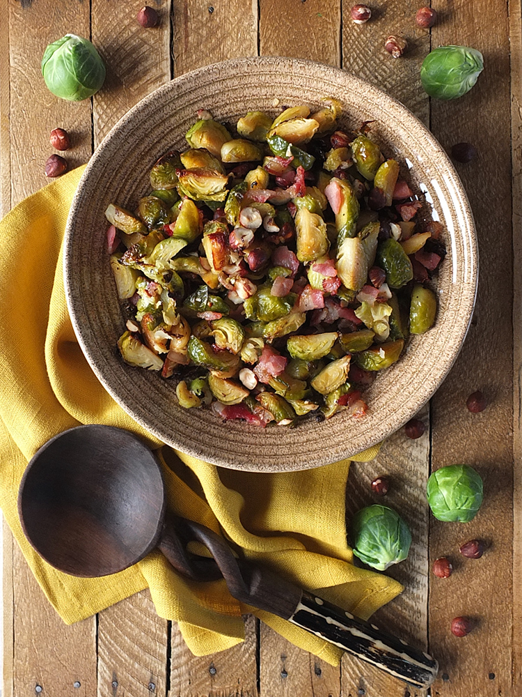 Maple Roasted Brussels Sprouts with Bacon and Hazelnuts