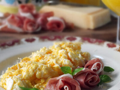 Grana Padano Scrambled Eggs with Prosciutto di San Daniele Roses