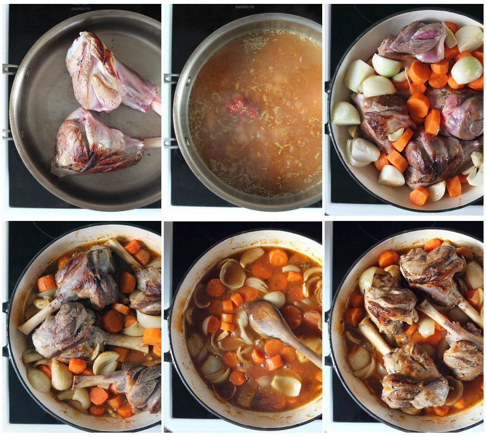 Collage of images depicting how to make slow cooked lamb shanks shanks - step by step.