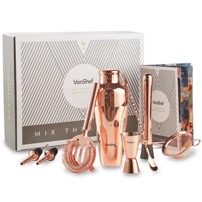 VonShef Copper Cocktail Shaker Set Parisian 9 piece in Gift Box with Recipe Guide & Accessories