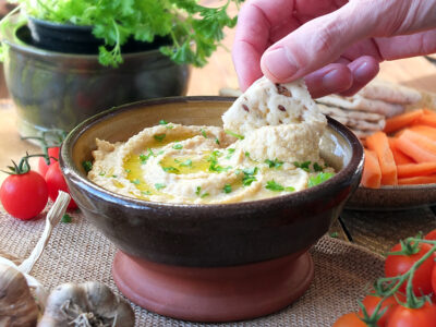 Creamy Roasted Garlic Hummus dipping bread