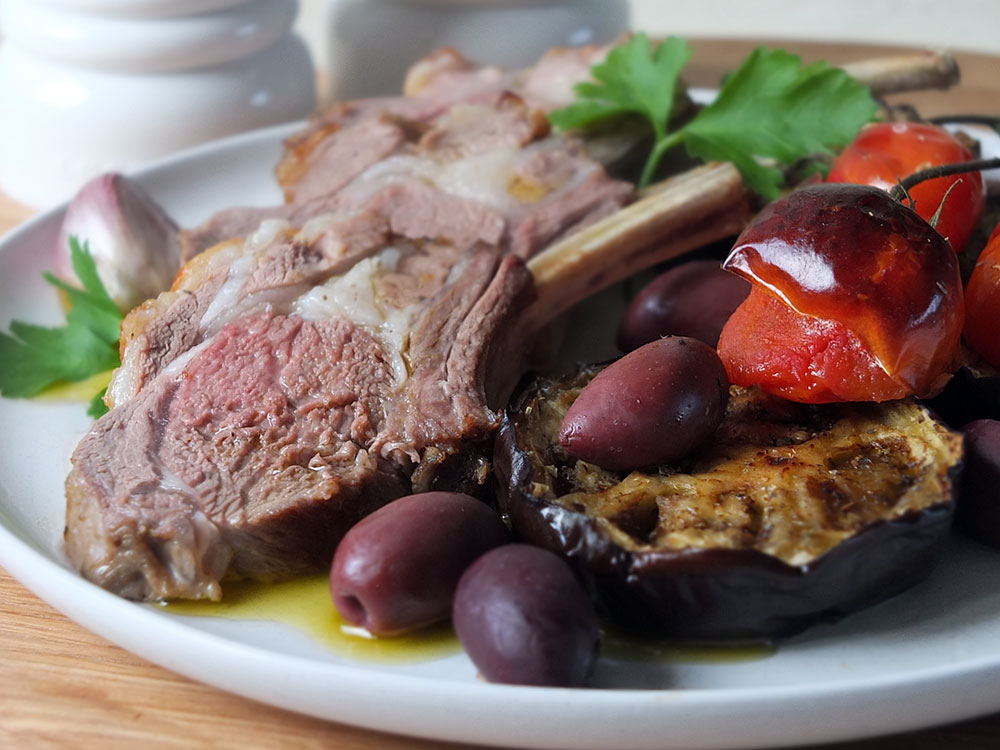 Tray-baked Rack of Lamb with Mediterranean Veg & Mint Olive Oil