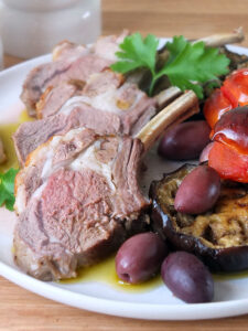 Tray-baked Rack of Lamb with Mediterranean Veg & Mint Olive Oil