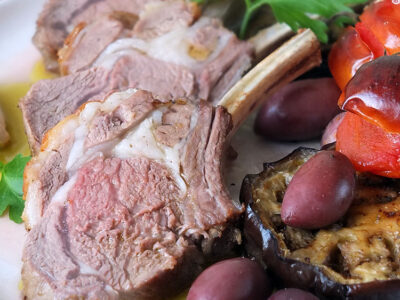 Tray-baked Rack of Lamb with Mediterranean Veg & Mint Olive Oil