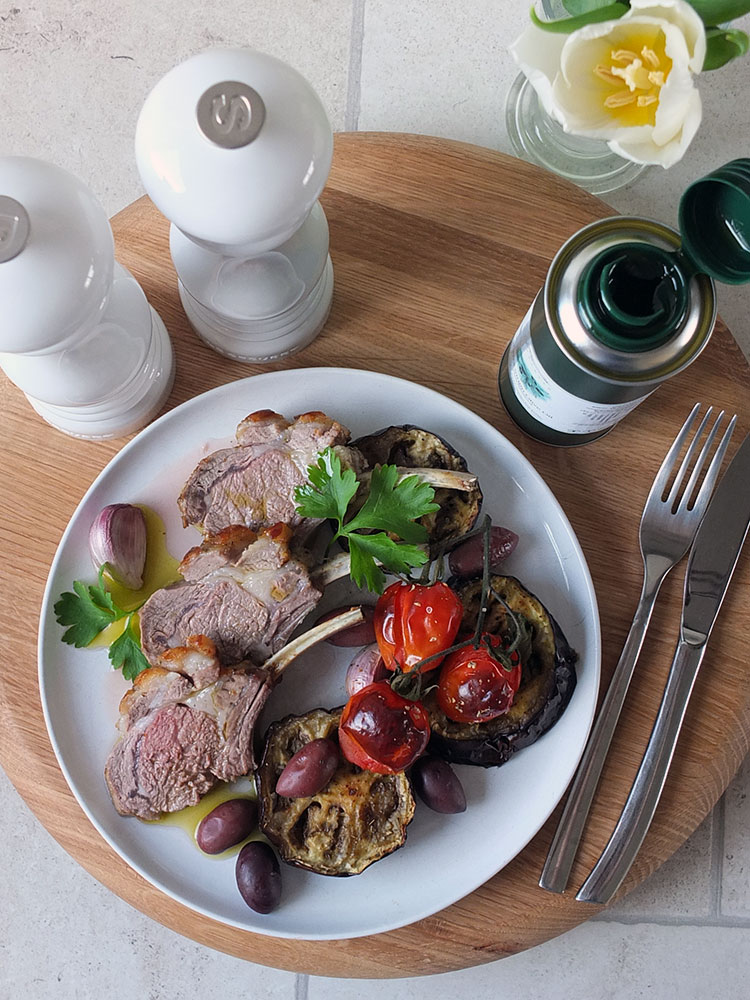 Tray-baked Rack of Lamb with Mediterranean Veg & Mint Olive Oil