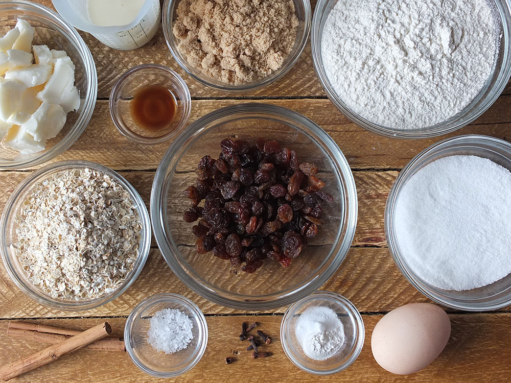 Ingredients needed for oatmeal raisin cookies