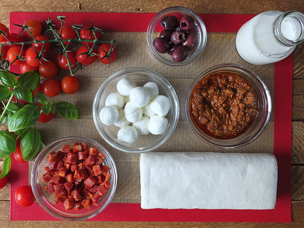 Ingredients Needed for Sun-dried Tomato Pesto & Mozzarella Tarts with Puff Pastry