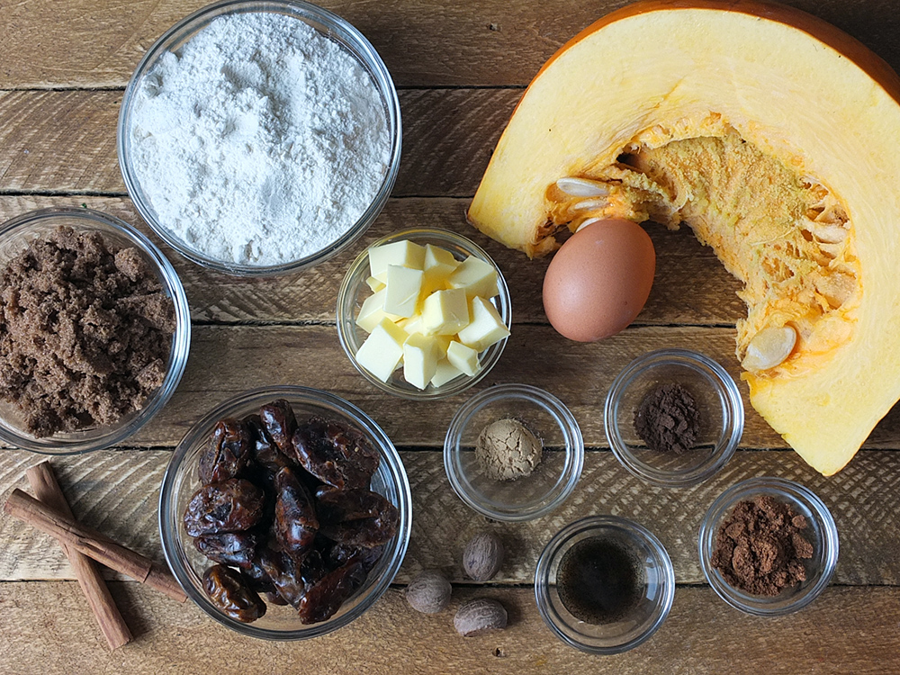 Ingredients for pumpkin spiced sticky toffee pudding