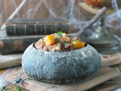 Lamb and Ale Stew in a Bread "Cauldron"