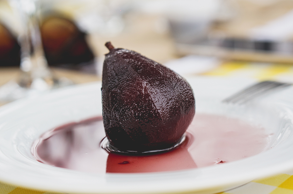 Rocha Pears in Red Wine