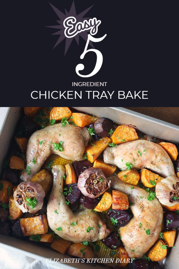 This lazy chicken tray bake takes five minutes to prep and only has five ingredients! It's a complete meal in one tray bake, and there's only one pan to wash up afterwards! #chickentraybake #sheetpanchicken #chicken