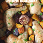 This lazy chicken tray bake takes five minutes to prep and only has five ingredients! It's a complete meal in one tray bake, and there's only one pan to wash up afterwards! #chickentraybake #sheetpanchicken #chicken