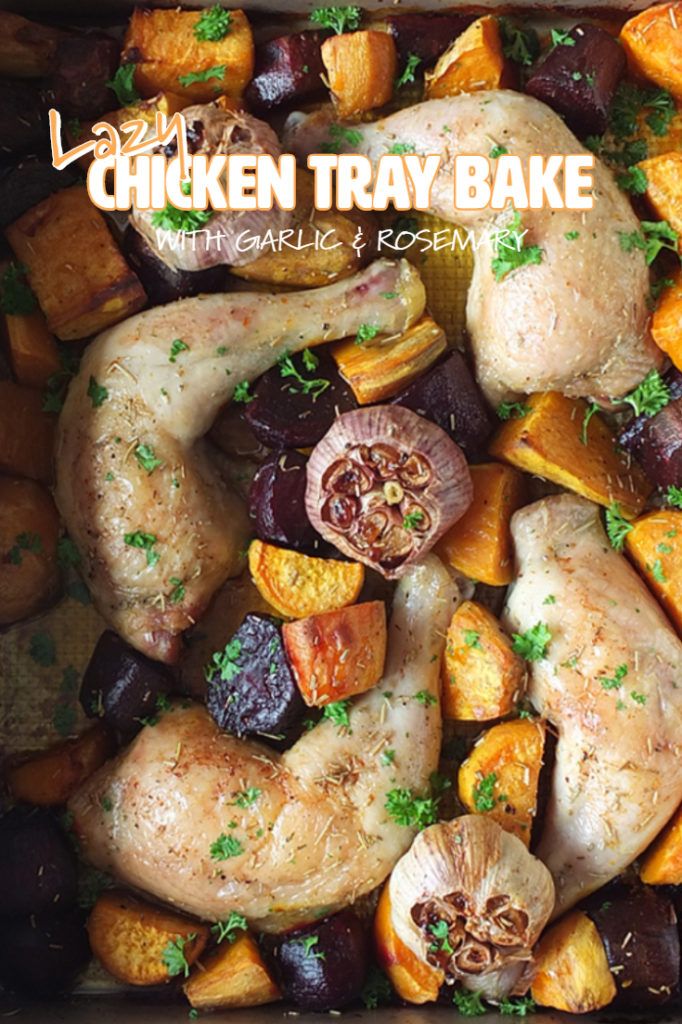 This lazy chicken tray bake takes five minutes to prep and only has five ingredients! It's a complete meal in one tray bake, and there's only one pan to wash up afterwards! #chickentraybake #sheetpanchicken #chicken