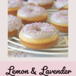 In this easy recipe, lemon zest, lemon extract and lavender flowers are combined to make a delicious, fluffy, moist, perfectly baked doughnut with a lavender icing sugar glaze. #doughnuts #bakeddoughnuts #lavender #lemondoughnut #lemondonut #bakeddonut