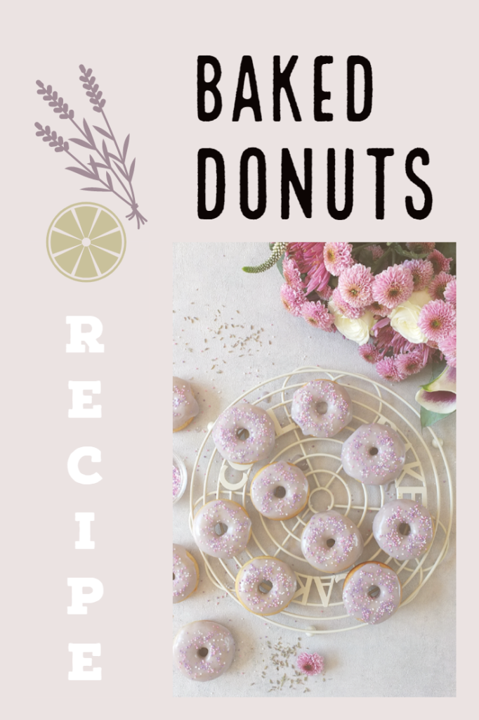 In this easy recipe, lemon zest, lemon extract and lavender flowers are combined to make a delicious, fluffy, moist, perfectly baked doughnut with a lavender icing sugar glaze. #doughnuts #bakeddoughnuts #lavender #lemondoughnut #lemondonut #bakeddonut