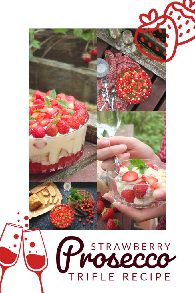 Perfect for summer, this strawberry Prosecco trifle recipe features strawberry jelly, Prosecco-soaked strawberries, homemade Madeira sponge cake, custard and sweetened whipped cream. #prosecco #trifle #strawberryrecipe #elizabethskitchendiary