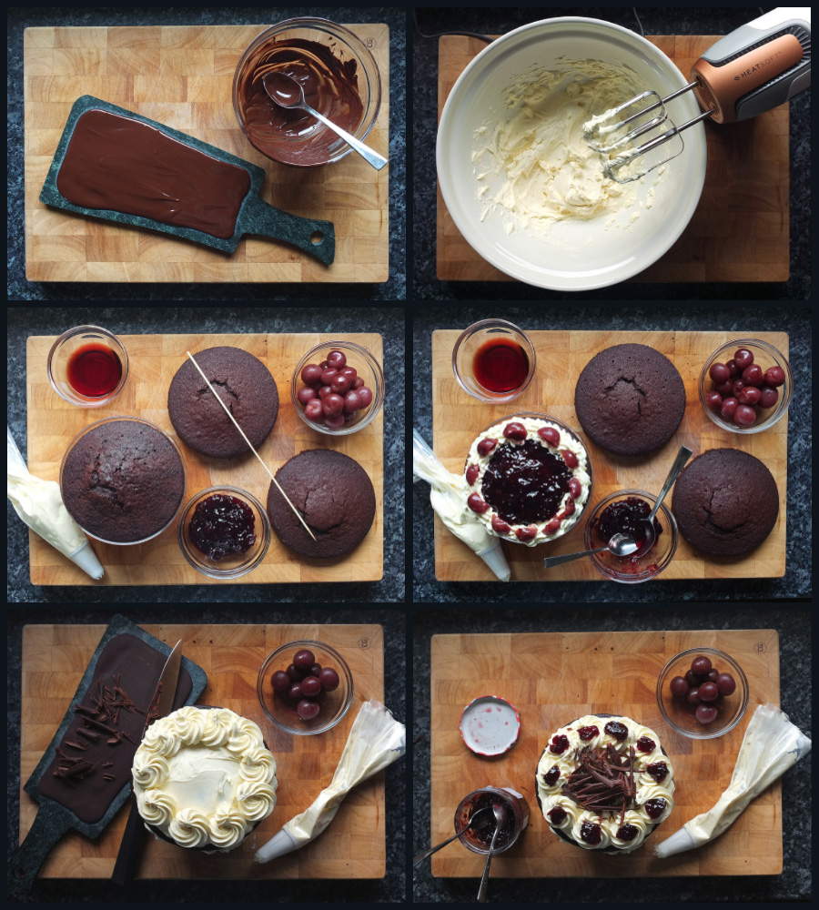 How to assemble a black forest gateau step by step collage image