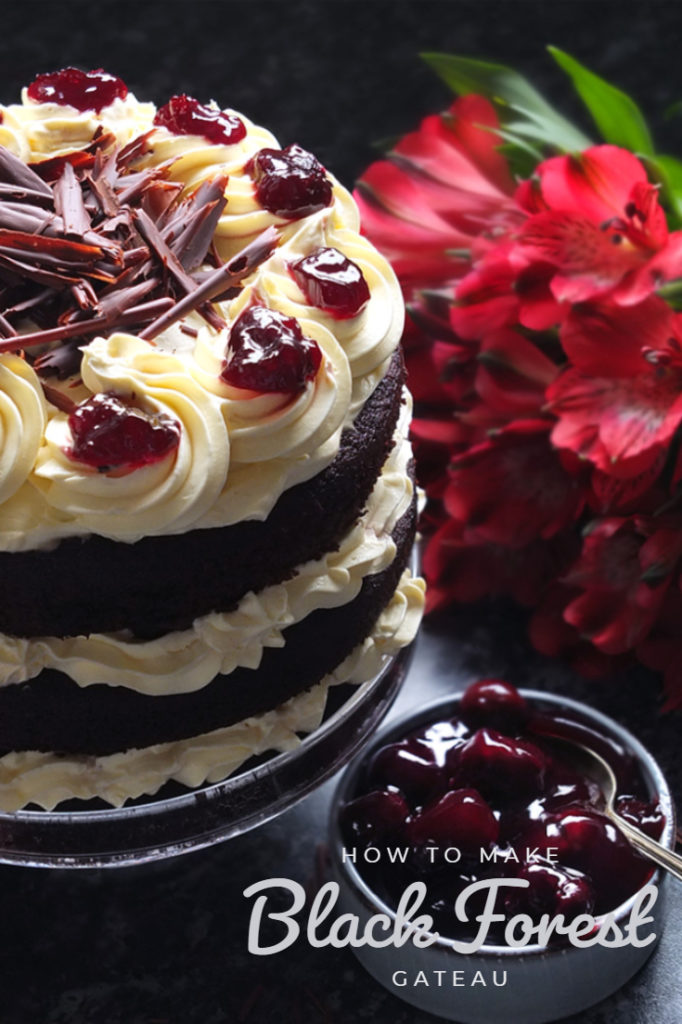 Three layers of rich chocolate cake drizzled with cherry brandy sandwiched together with sweetened whipped cream and black cherry conserve. The cake is finished with more cream and some dark chocolate curls. #chocolate #chocolatecake #blackforestcake #baking