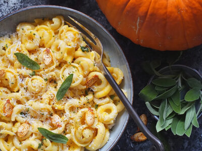 Creamy Pumpkin Pasta with Fried Sage and Chilli Pumpkin Seeds