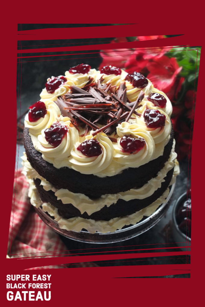 Three layers of rich chocolate cake drizzled with cherry brandy sandwiched together with sweetened whipped cream and black cherry conserve. The cake is finished with more cream and some dark chocolate curls. #chocolate #chocolatecake #blackforestcake #baking