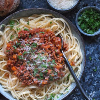 Lamb bolognese with linguine and Parmesan on top