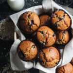 Blueberry muffins in basket with vintage milk bottle in background