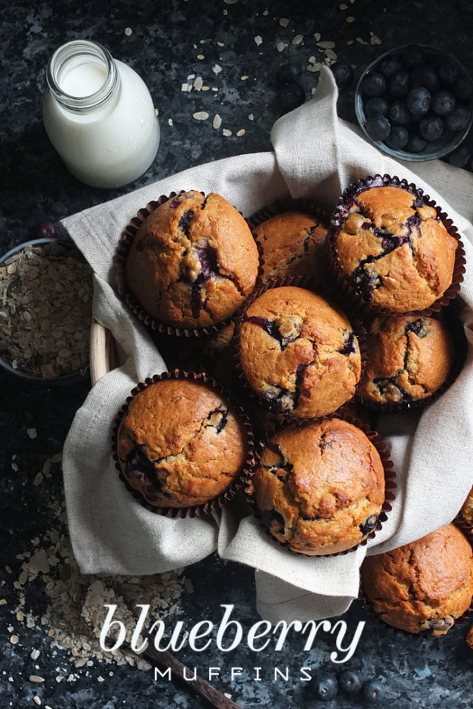 Blueberry muffins in basket with vintage milk bottle in background