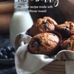 Blueberry muffins in basket with vintage milk bottle in background