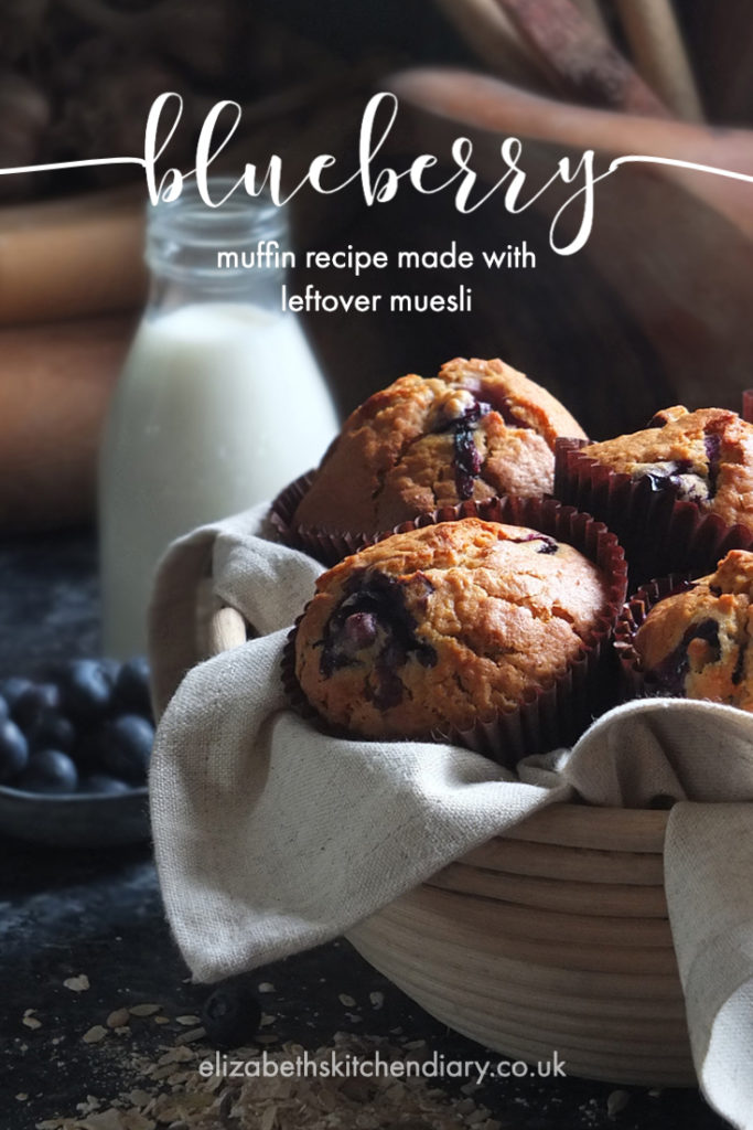 Blueberry muffins in basket with vintage milk bottle in background