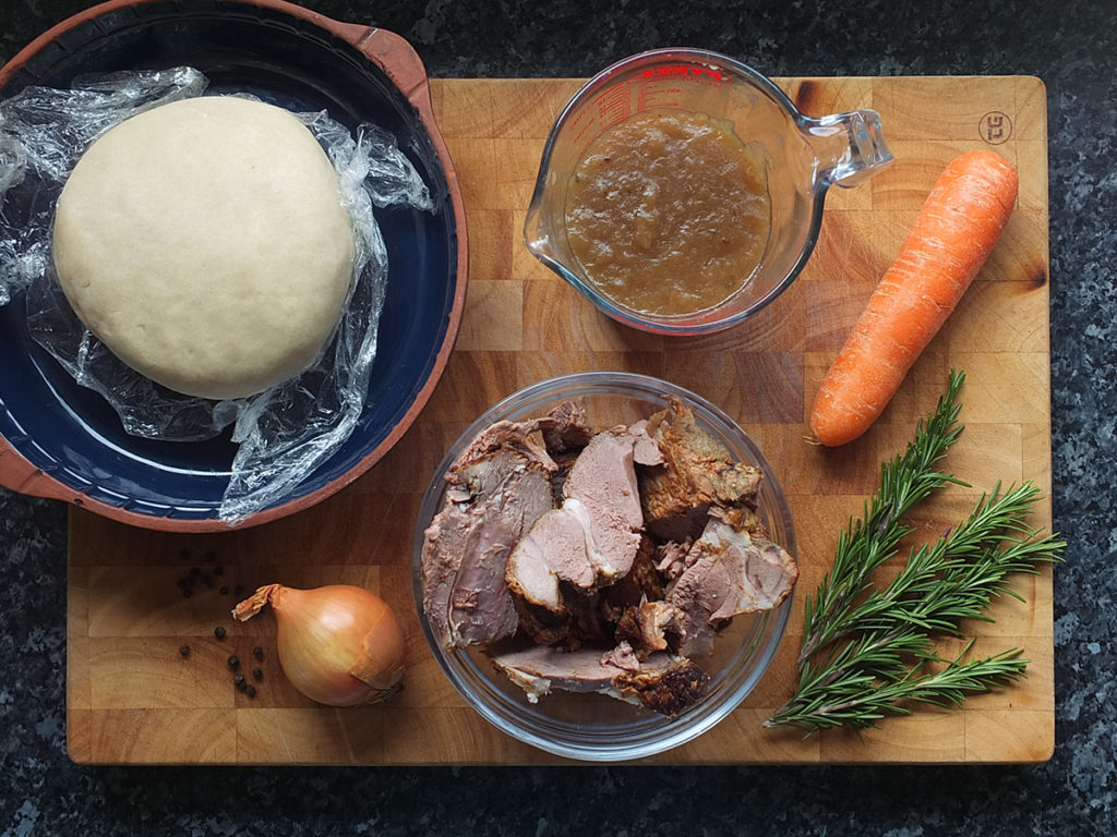Photograph of the ingredients needed to make roast lamb pie.
