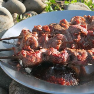 BBQ lamb skewers on the beach image