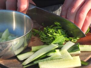 Image of man chopping mint for tzatziki.