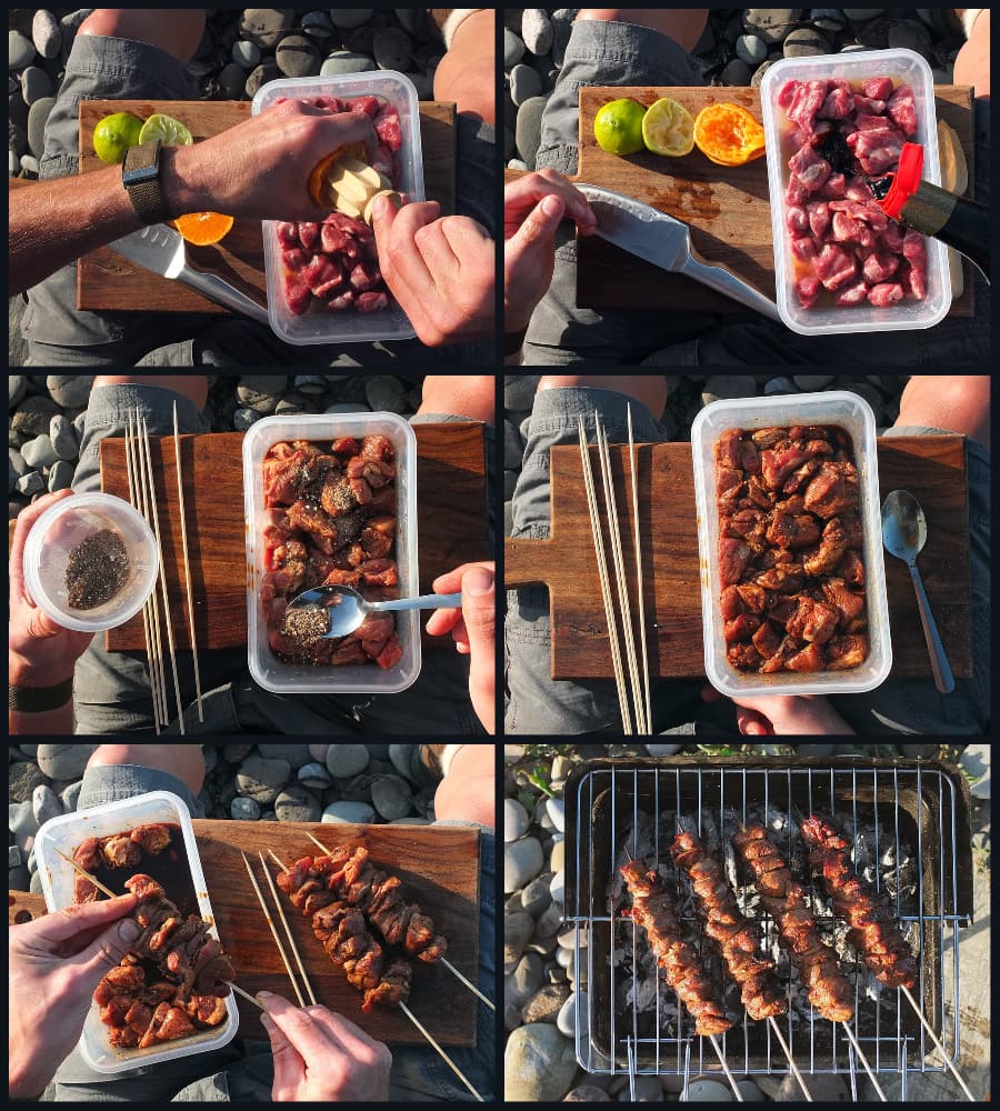 photographic collage of how to make BBQ lamb shoulder skewers 