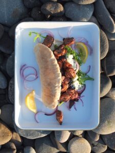 photograph of bbq lamb shoulder and tzatziki pittas on an enamel tray on a rocky beach in Shetland