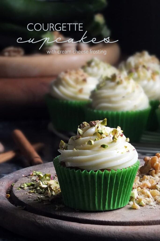 Pinterest image of spiced courgette cupcakes with cream cheese frosting.